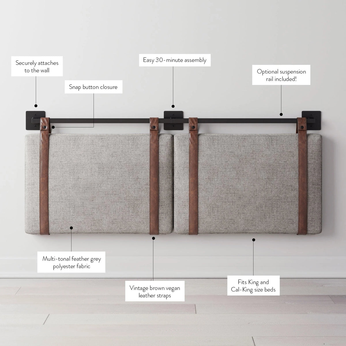 Wall Mount Upholstered Headboard with Metal Rail - Modern Bedroom Headboard
