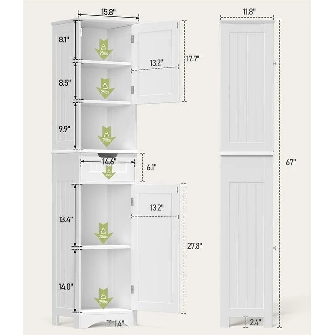 67 Inch Tall Narrow Bathroom Linen Cabinet, 5-Tier Solid Wood Freestanding Storage Cabinet