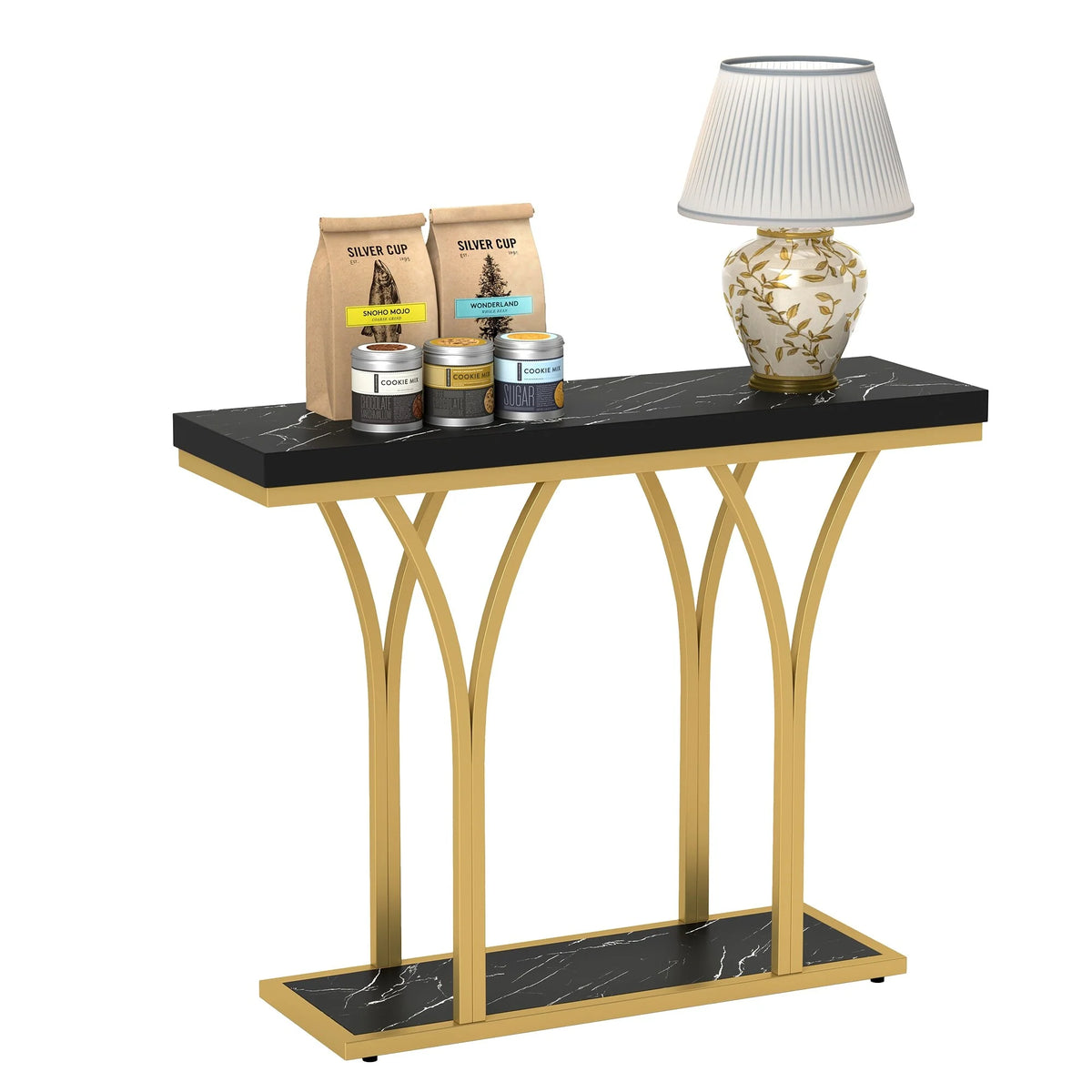 Modern Gold Console Table with Marbled Top, Sofa Table for Entryway and Hallway