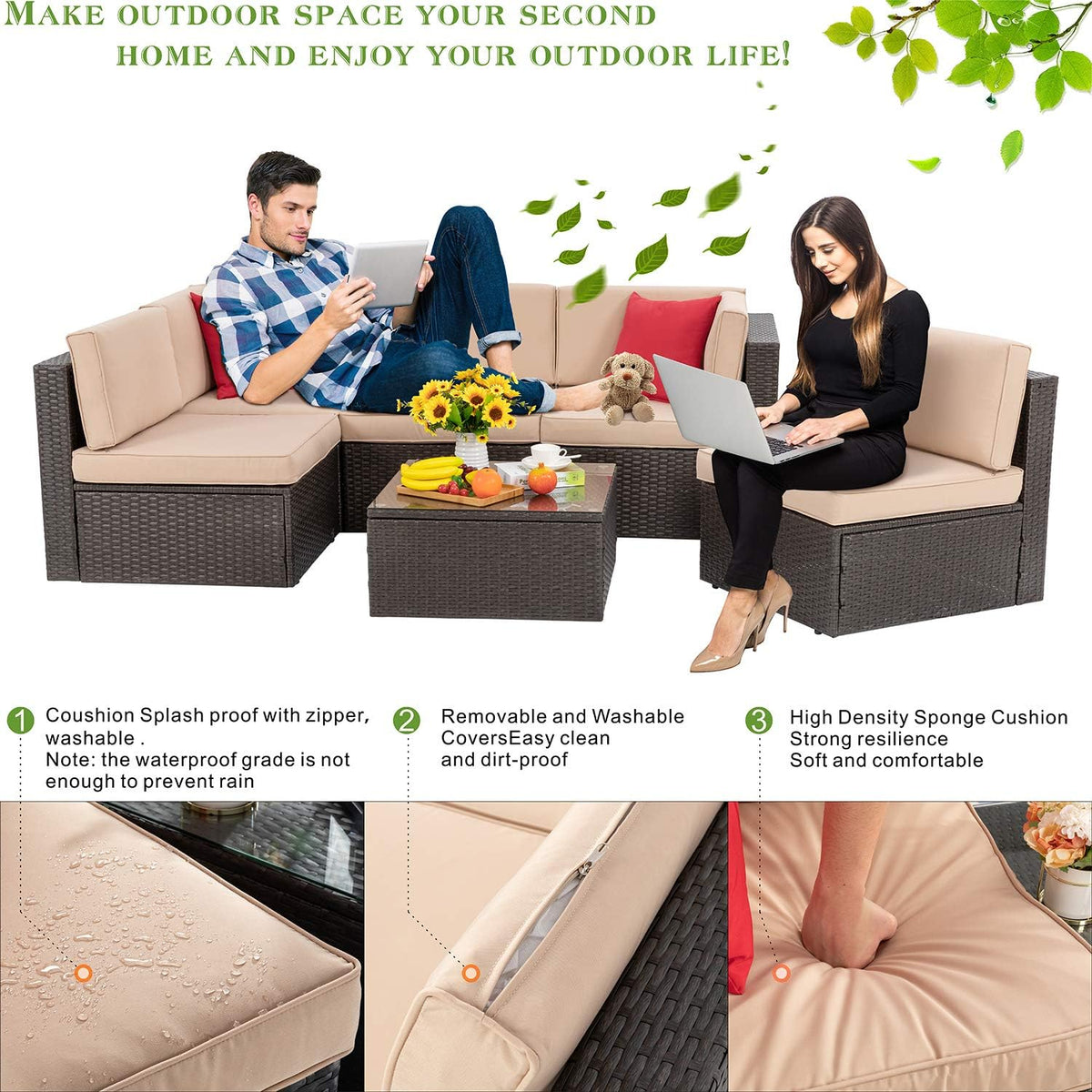 5-Piece All-Weather Patio Furniture Set with Ottoman, Outdoor Wicker Conversation Sofa Set with Cushions for Garden, Deck & Backyard