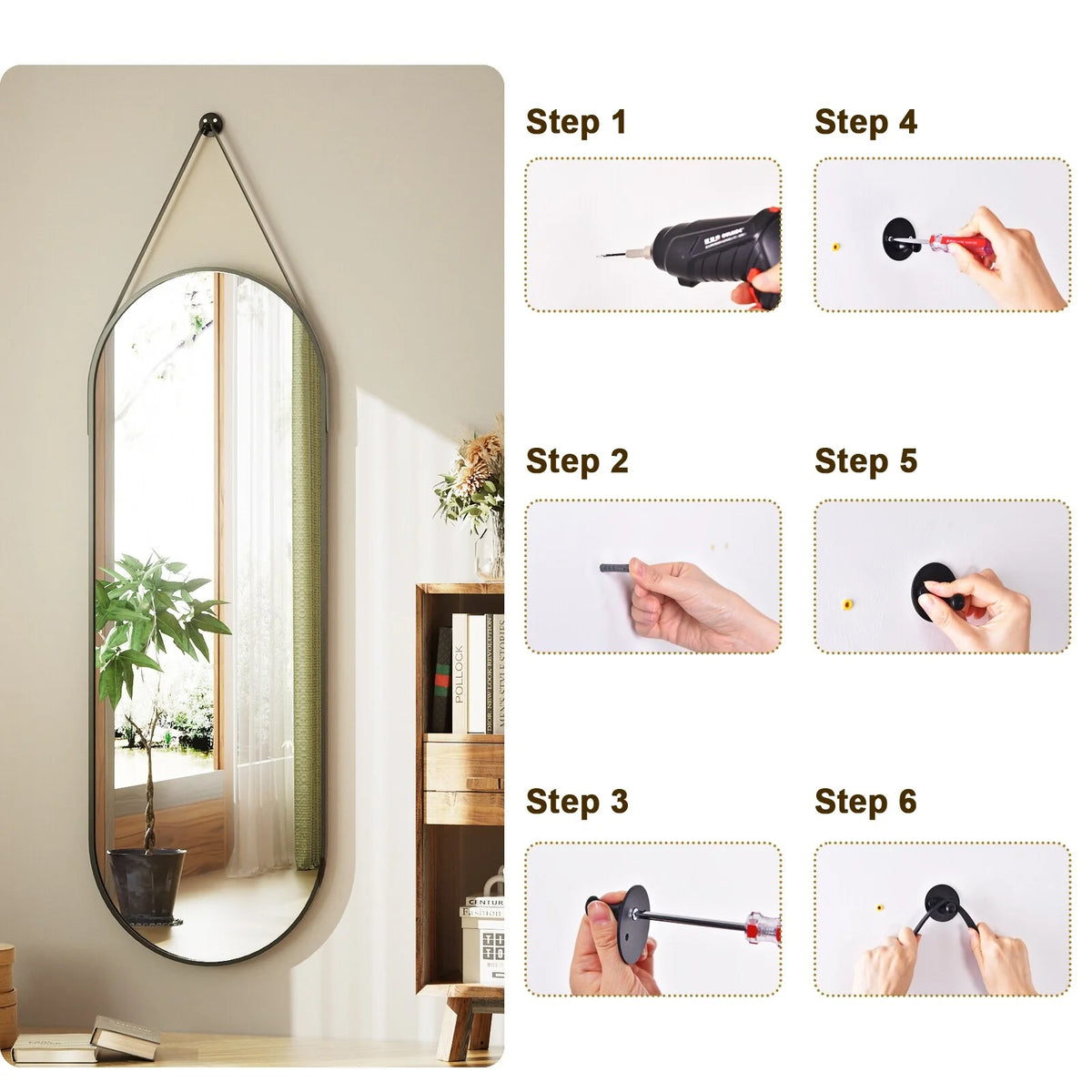 48 x 16 Inch Full Length Wall Mirror with Leather Strap, Hanging Full Body Mirror for Bedroom, Entryway and Home Decor