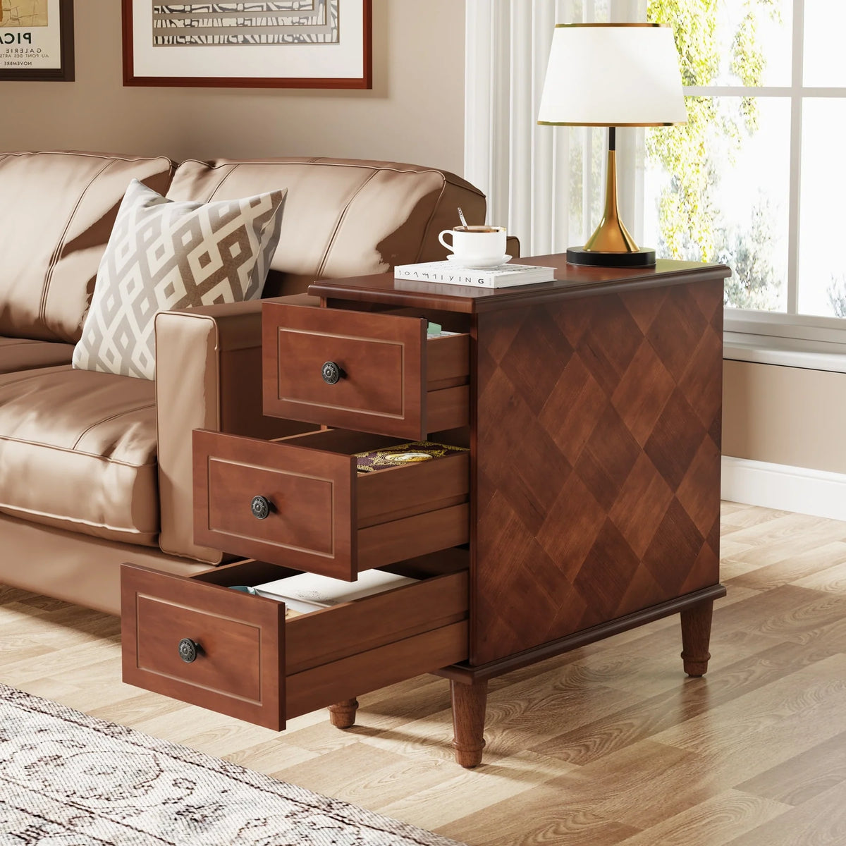 Fully Assembled Narrow End Table, Solid Wood Side Table with 3 Drawers, Vintage Nightstand for Small Spaces