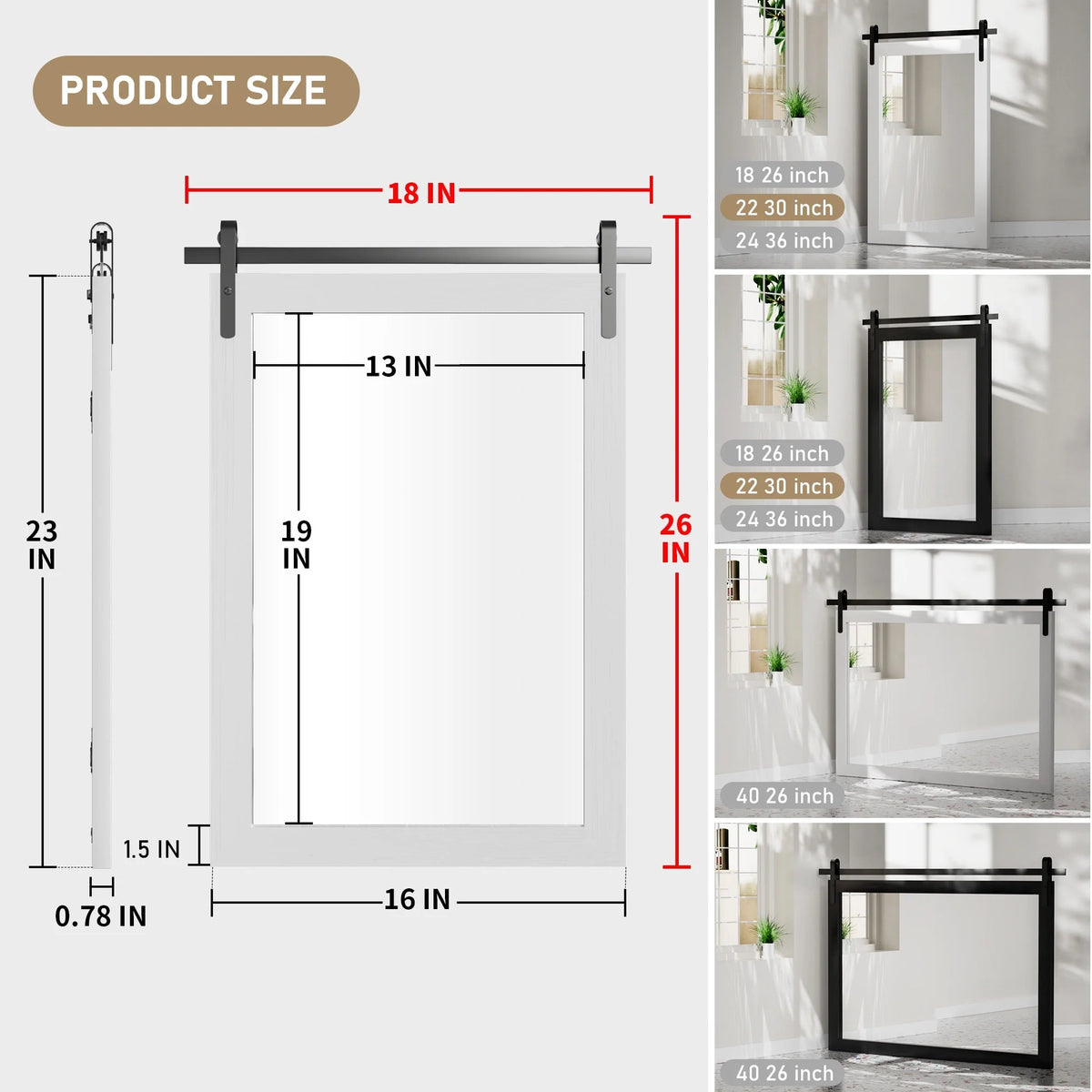 Modern Rectangular Wall Mirror with Wood Frame, Bathroom and Barn Door Mirror, Multiple Sizes