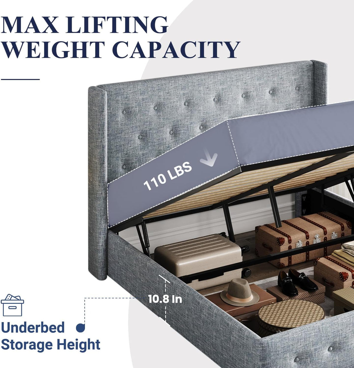 Queen Size Lift Up Storage Bed with Wingback Headboard, Upholstered Platform Bed Frame with Hidden Storage