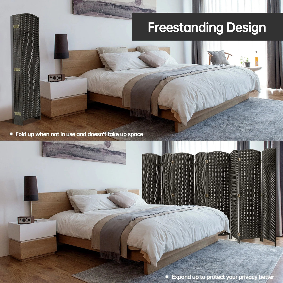 6 FT Tall Woven Fiber Room Divider, Freestanding Folding Privacy Screen