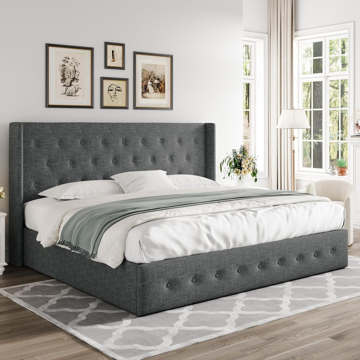 Queen Size Lift Up Storage Bed with Wingback Headboard, Upholstered Platform Bed Frame with Hidden Storage