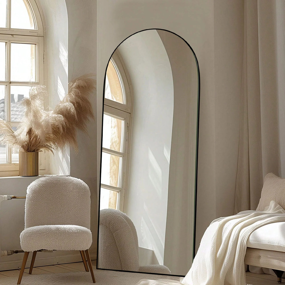Arched Full Length Wood Floor Mirror, Full Body Standing and Wall Mounted Mirror for Bedroom, Living Room and Home Decor
