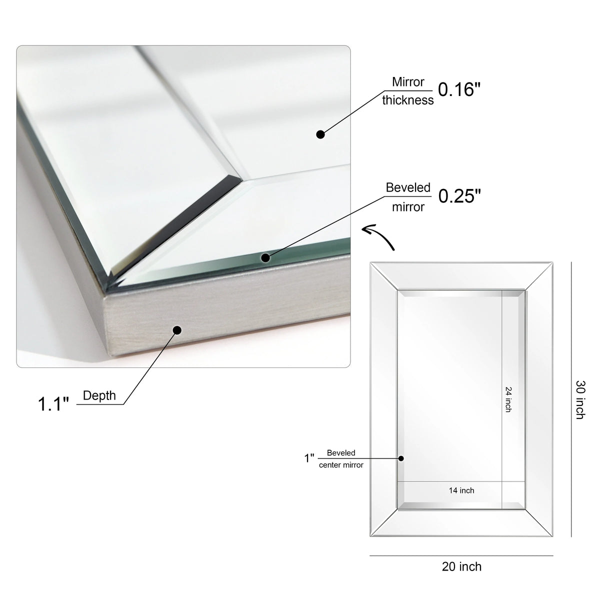 Beveled Rectangular Clear HD Wall Mirror, Bathroom Vanity and Bedroom Mirror, 3 Sizes