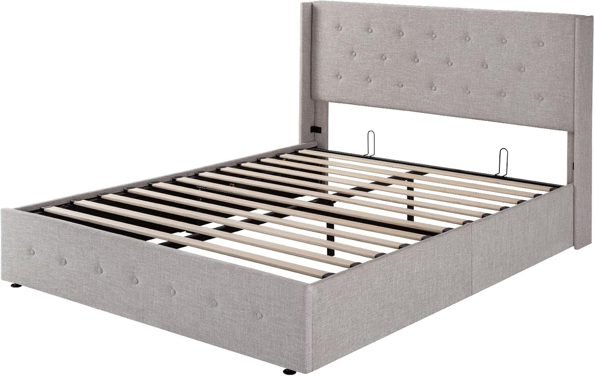 Queen Size Lift Up Storage Bed with Wingback Headboard, Upholstered Platform Bed Frame with Hidden Storage