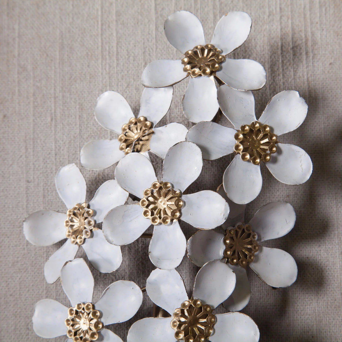 Set of 2 White and Gold Metal Flower Wall Decor with Wood Frames, Decorative Floral Wall Art