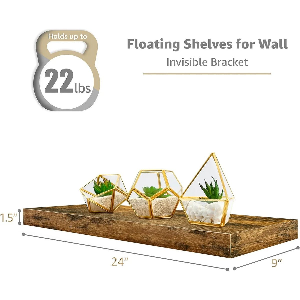 Set of 3 Floating Wood Wall Shelves, Wall Mounted Display and Storage Shelves with Invisible Brackets for Books and Home Decor
