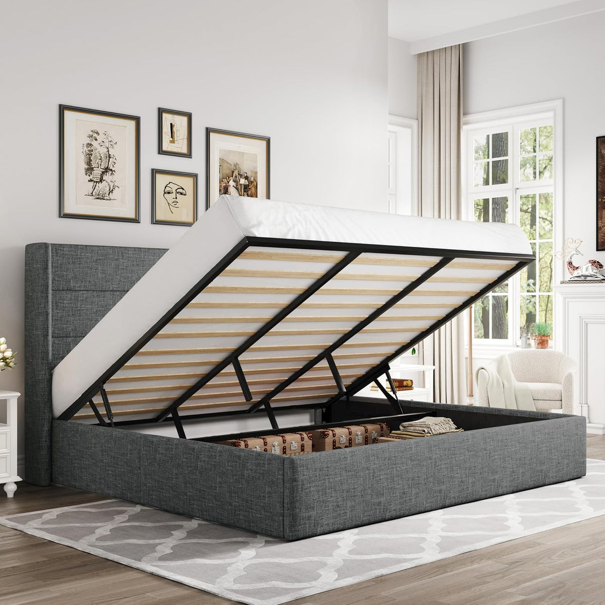 Queen Size Lift Up Storage Bed with Wingback Headboard, Upholstered Platform Bed Frame with Hidden Storage