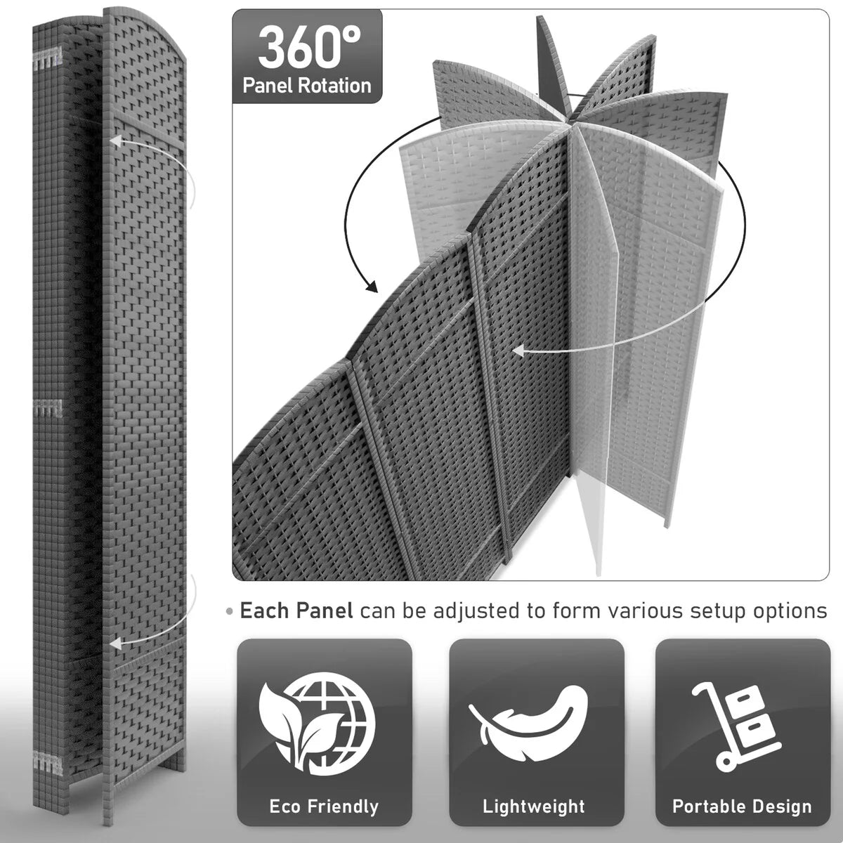 6 Panel Room Divider, 6ft Tall Extra Wide Folding Privacy Screen with Hand-Woven Mesh Panels