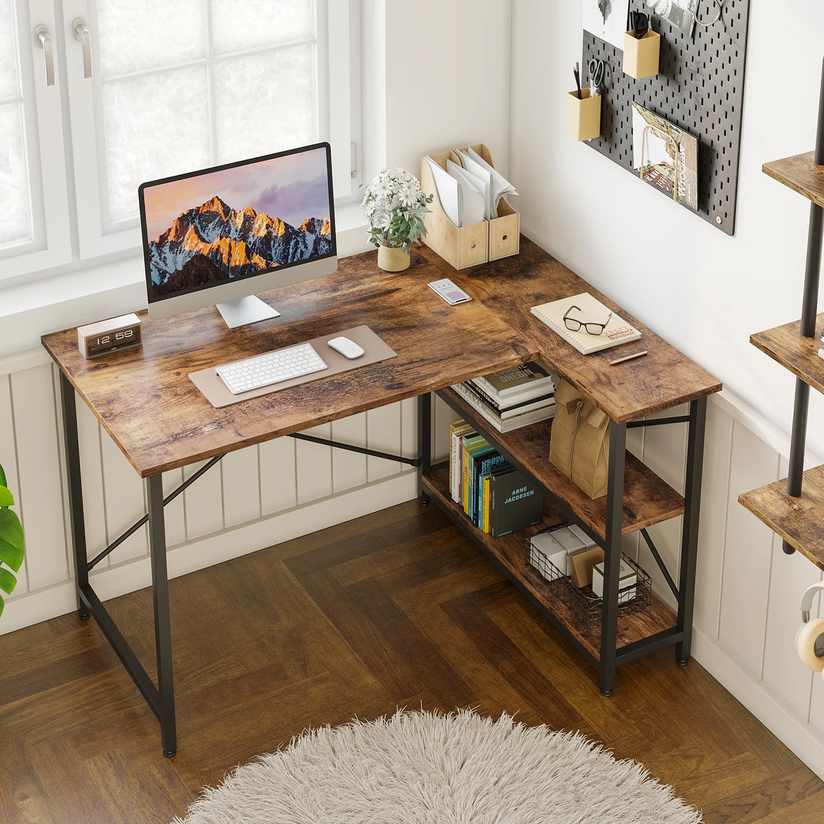 Small L Shaped Computer Desk with Storage Shelves, Compact Corner Workstation for Home Office and Study
