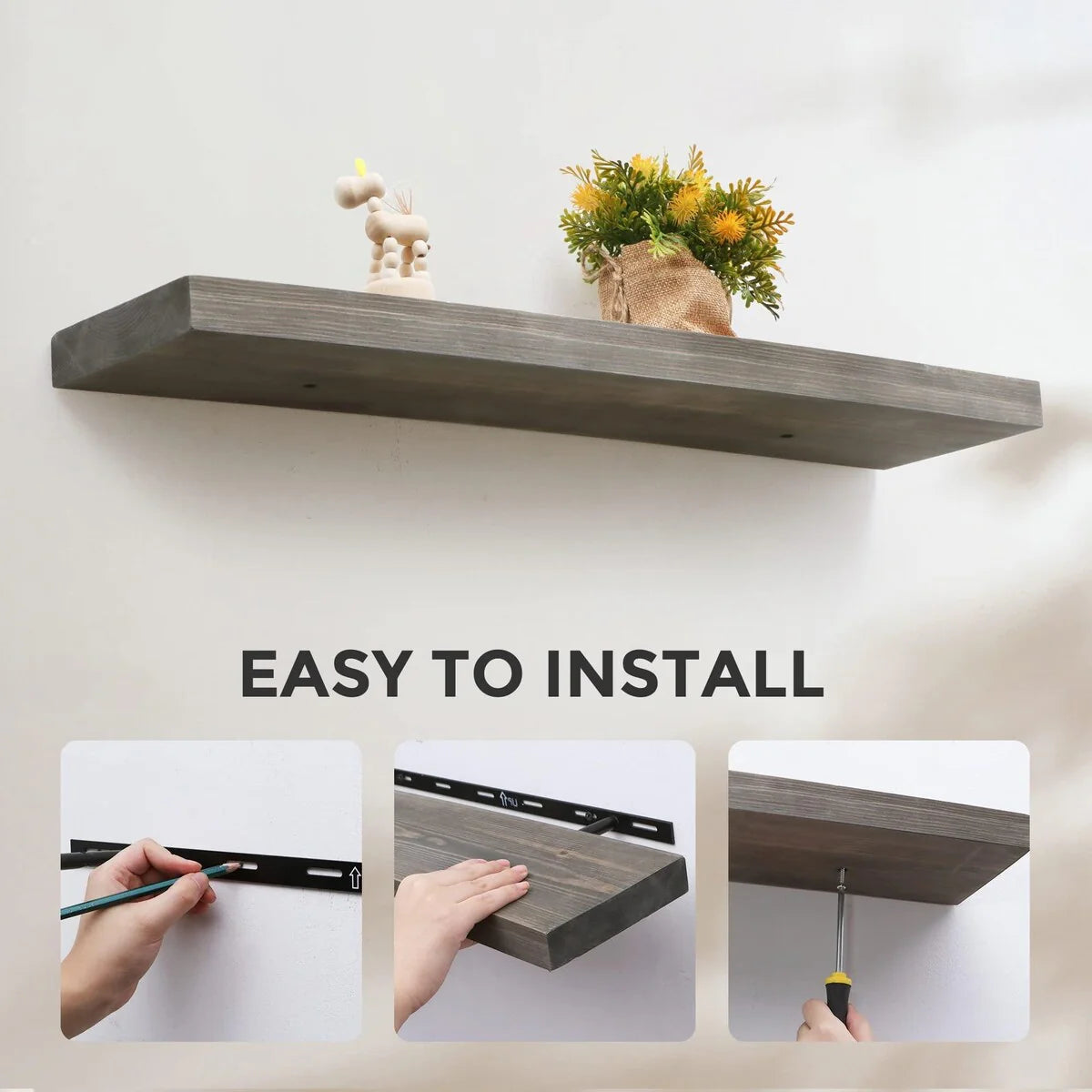 Set of 2 Handcrafted European Pine Floating Wall Shelves, Natural Rustic Wood