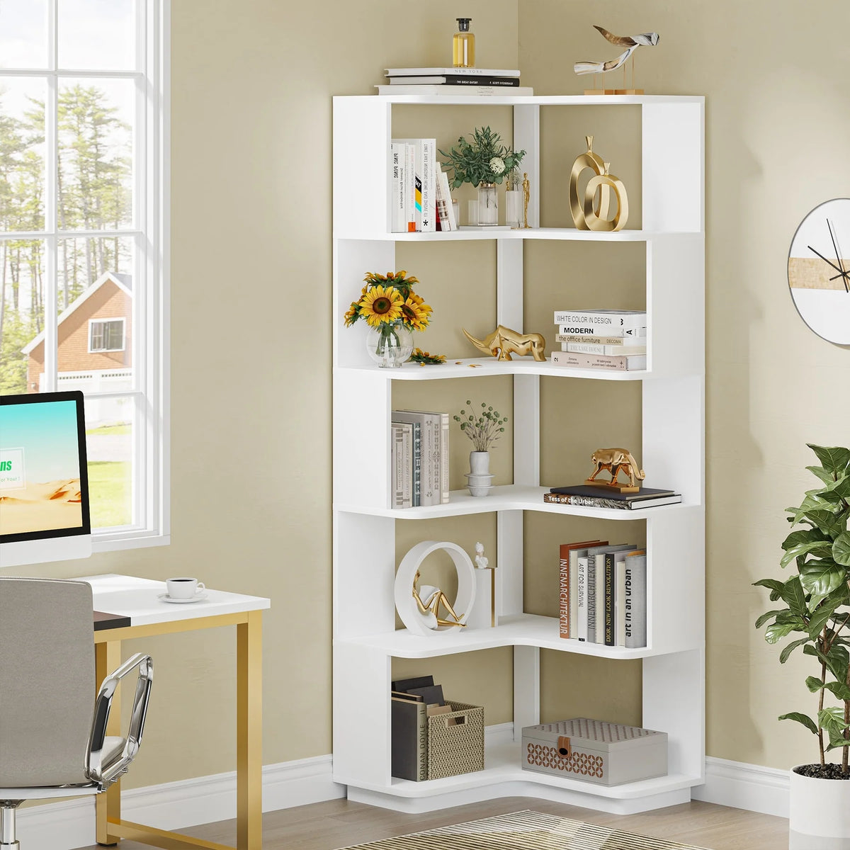 64.9 Inch Tall 6-Tier Corner Bookshelf, Freestanding Wood Industrial Bookcase