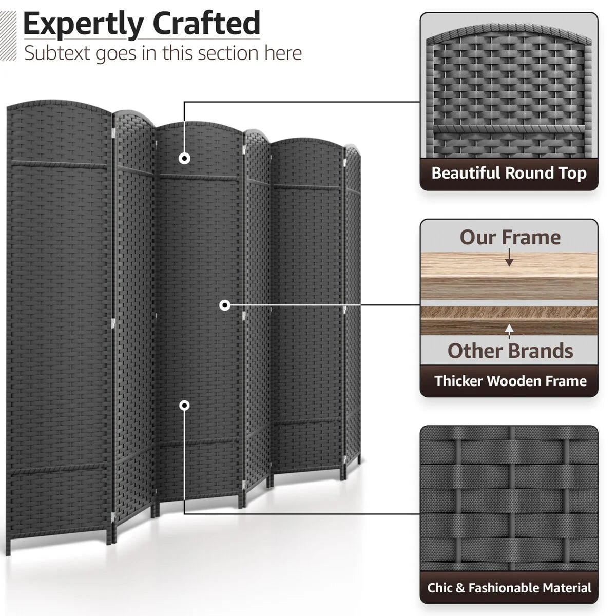 6 Panel Room Divider, 6ft Tall Extra Wide Folding Privacy Screen with Hand-Woven Mesh Panels