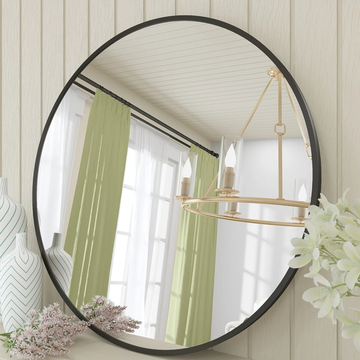 Round Metal Black Frame Bathroom Vanity Mirror, Wall Mounted Decorative Mirror