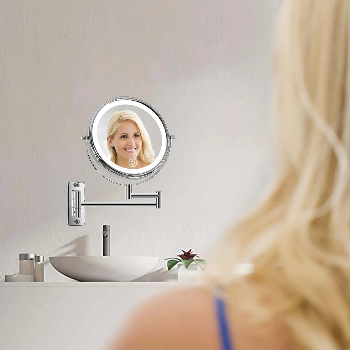 8 Inch Round Wall Mounted Makeup Mirror, Rechargeable, 1X/10X Magnification, 3-Color LED Lights