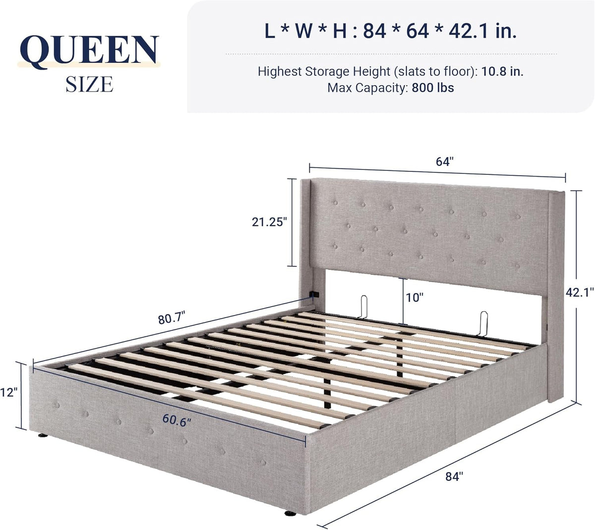 Queen Size Lift Up Storage Bed with Wingback Headboard, Upholstered Platform Bed Frame with Hidden Storage