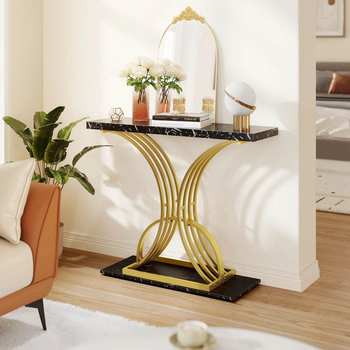 Modern Gold Console Table with Marbled Top, Sofa Table for Entryway and Hallway