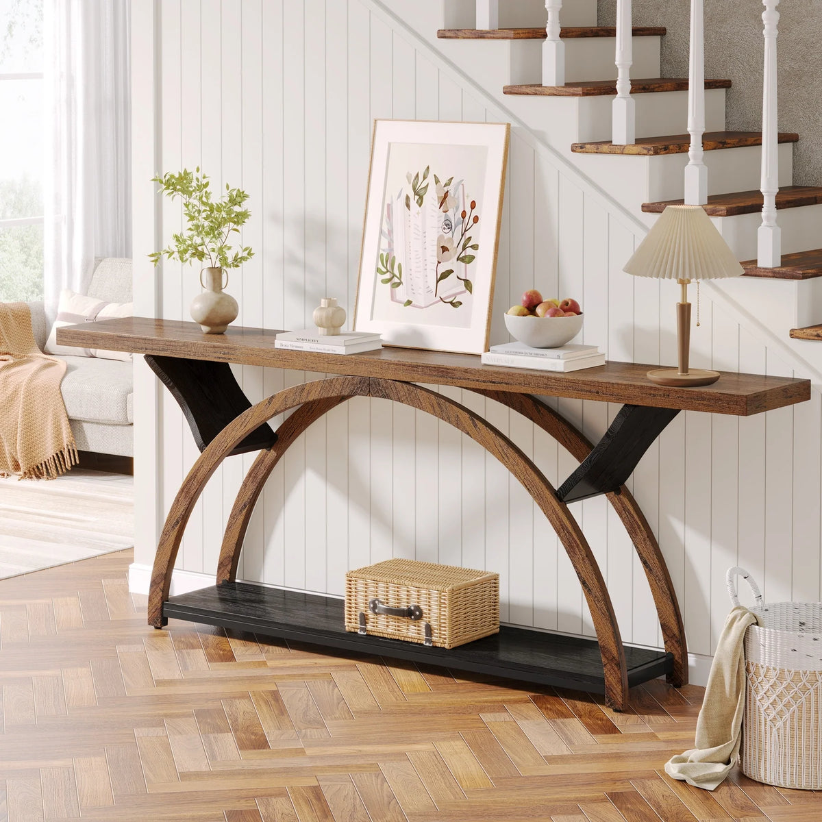 Gray 2-Tier Slim Console Sofa Table, Semi-Circular Metal Frame for Hallway
