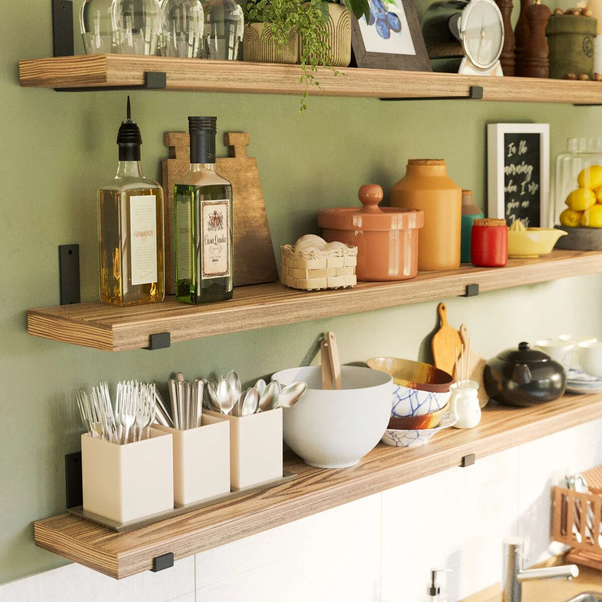 72 Inch Floating Wood Wall Shelves, Set of 3 Burnt Wood Display and Storage Shelves for Home Decor