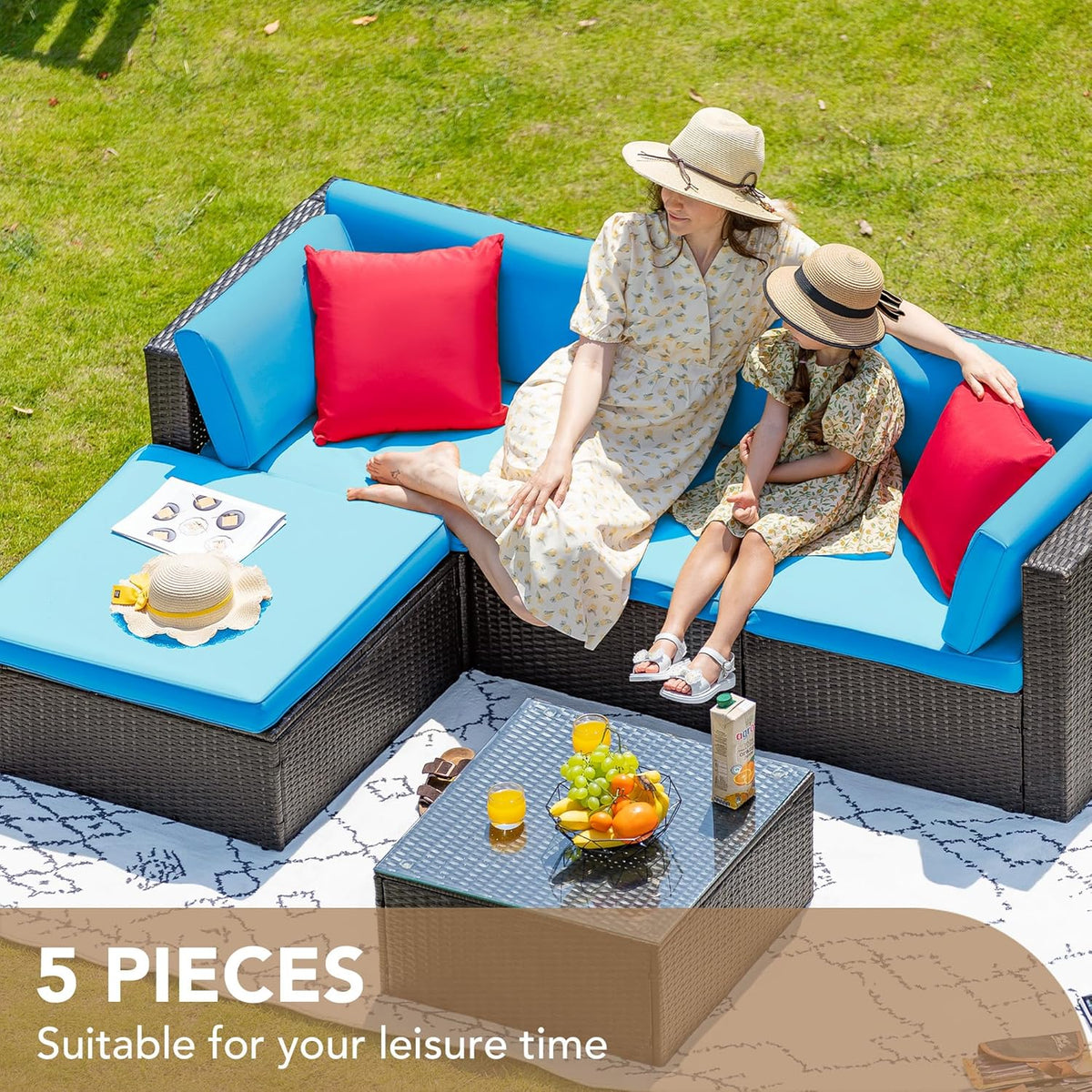 5-Piece All-Weather Patio Furniture Set with Cushions, Outdoor Wicker Conversation Sofa Set for Garden, Deck & Backyard