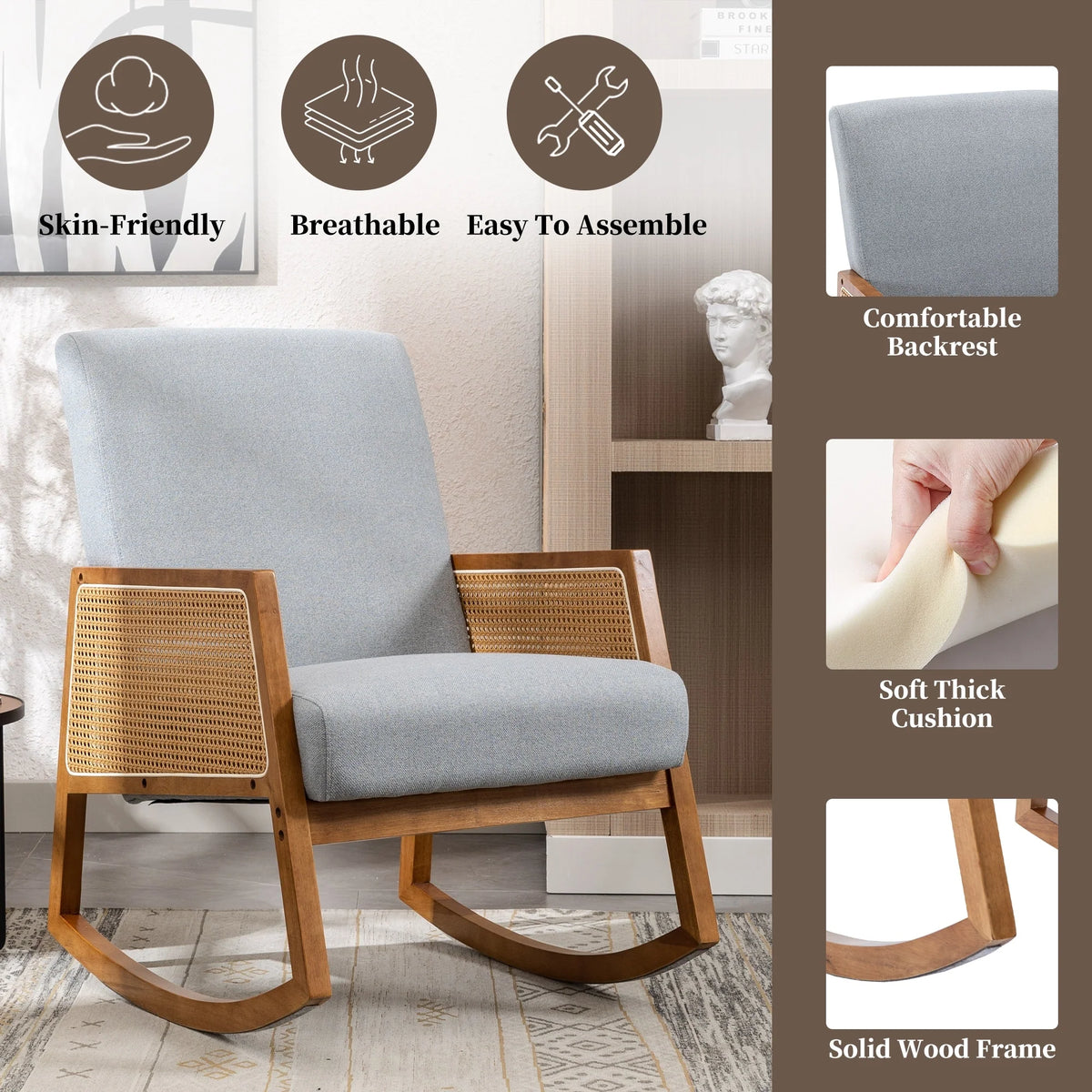 Upholstered Tall Back Rocking Chair, Smooth Gliding Accent Armchair for Comfortable Living Room Seating