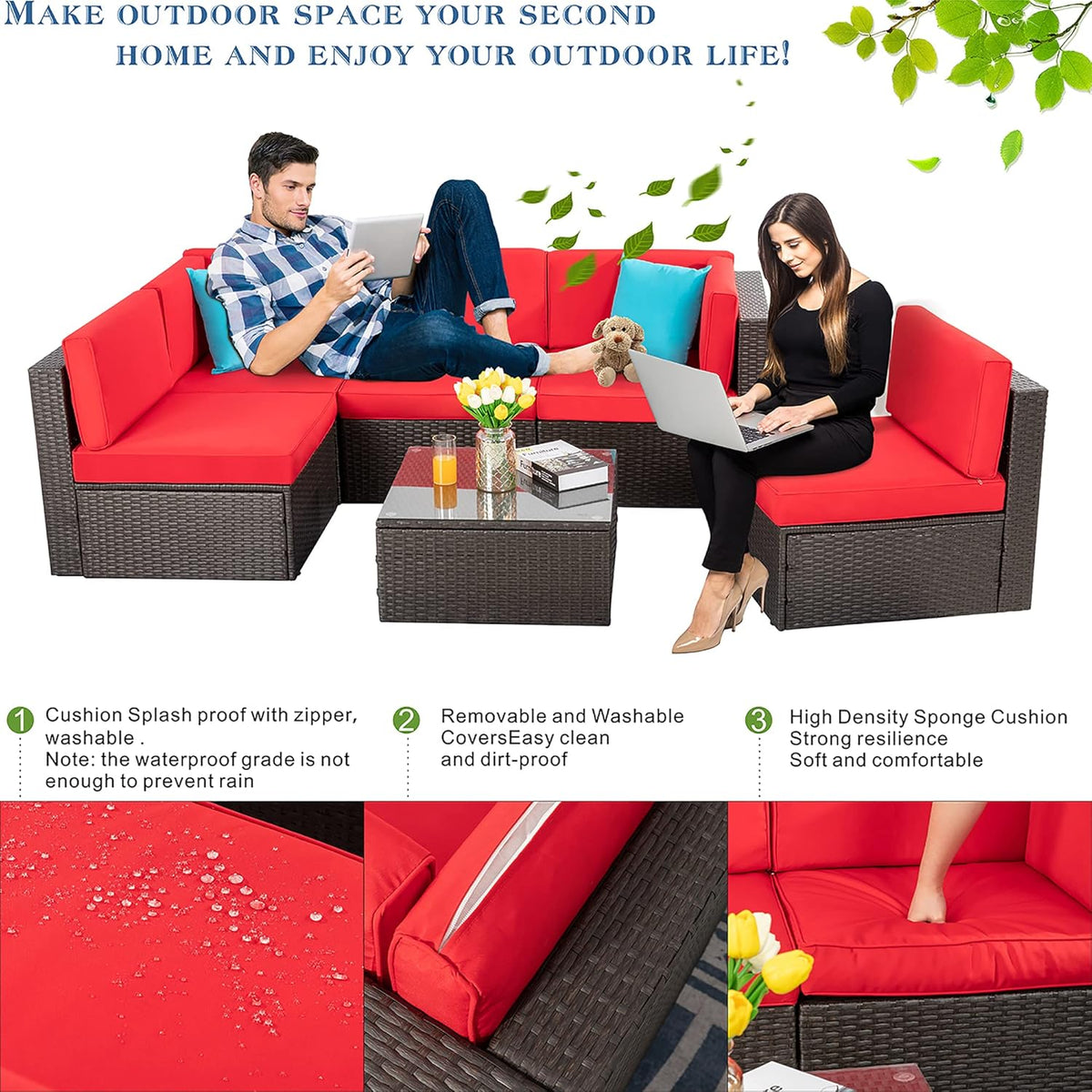 5-Piece All-Weather Patio Furniture Set with Ottoman, Outdoor Wicker Conversation Sofa Set with Cushions for Garden, Deck & Backyard