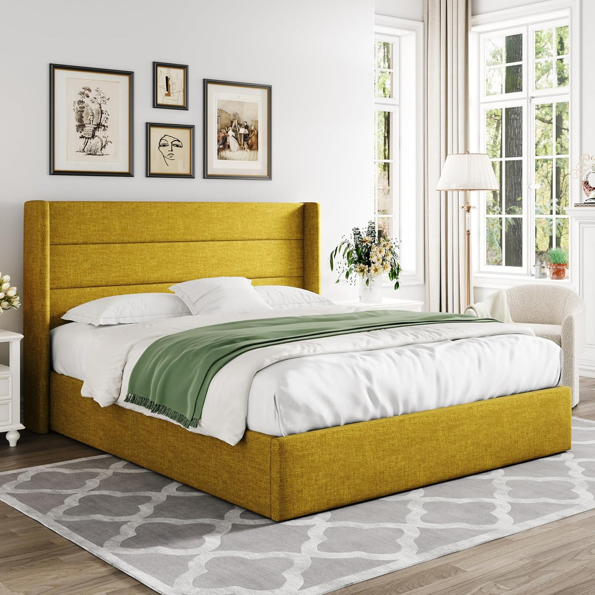 Queen Size Lift Up Storage Bed with Wingback Headboard, Upholstered Platform Bed Frame with Hidden Storage