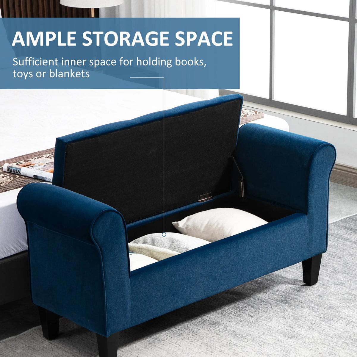 Button-Tufted Storage Ottoman Bench, Upholstered Bed Bench with Rolled Armrests for Bedroom, Living Room and Hallway