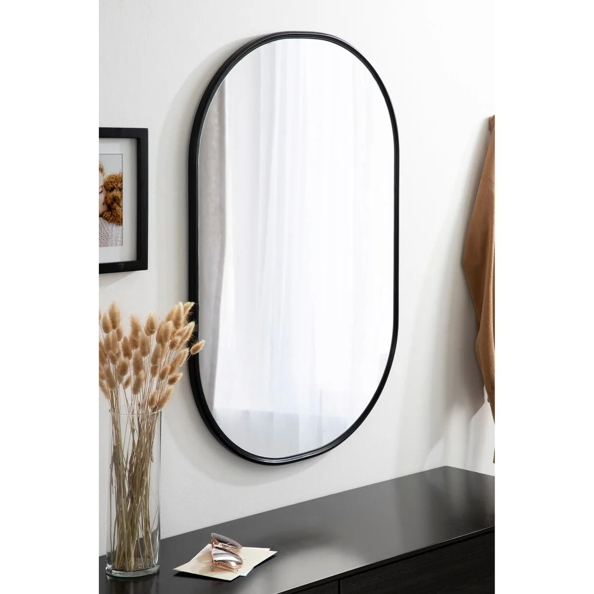 Modern Capsule Framed Wall Mirror, Decorative Oval Accent Mirror for Living Room, Bedroom and Entryway