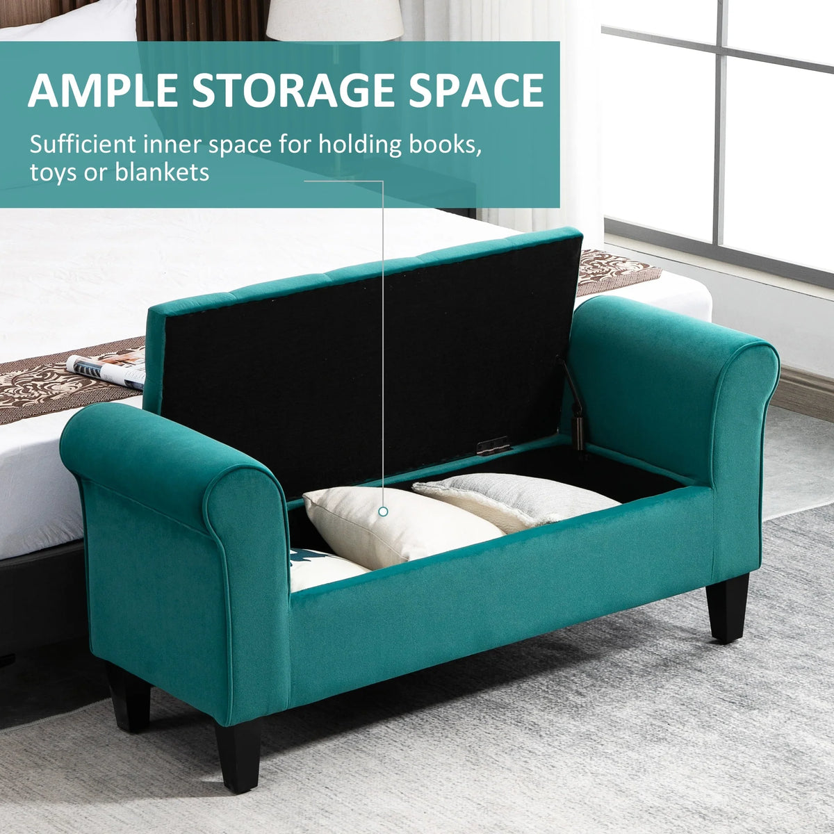Button-Tufted Storage Ottoman Bench, Upholstered Bed Bench with Rolled Armrests for Bedroom, Living Room and Hallway