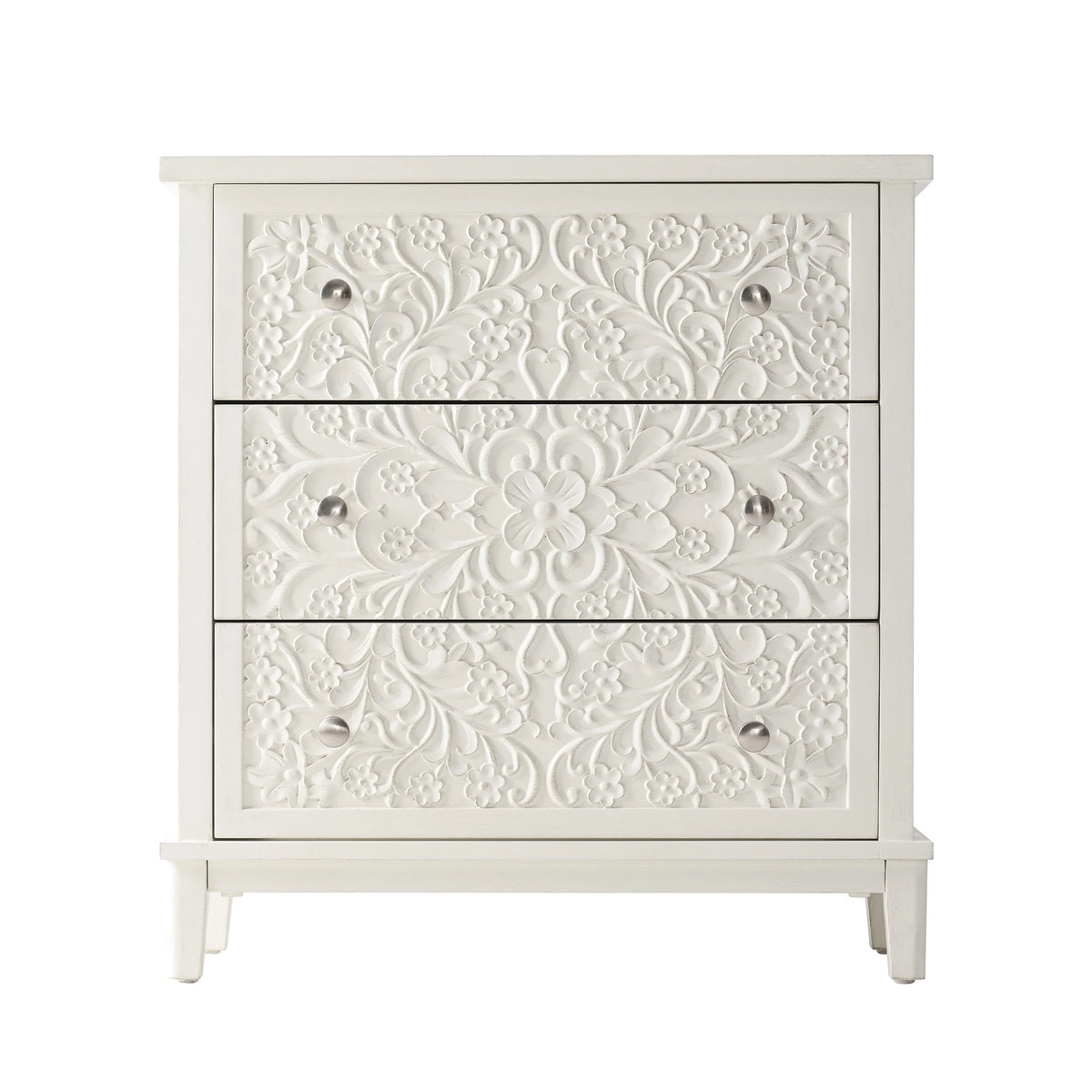 Farmhouse Fully Assembled Nightstand with 2 Drawers, Flower Motif End Table for Small Spaces
