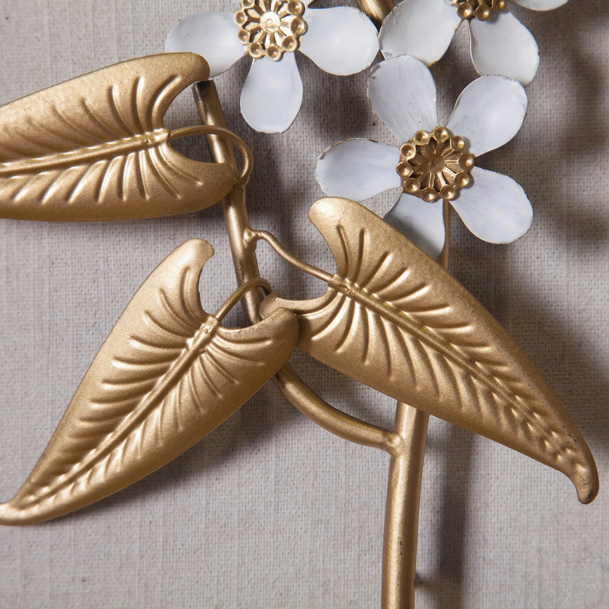 Set of 2 White and Gold Metal Flower Wall Decor with Wood Frames, Decorative Floral Wall Art