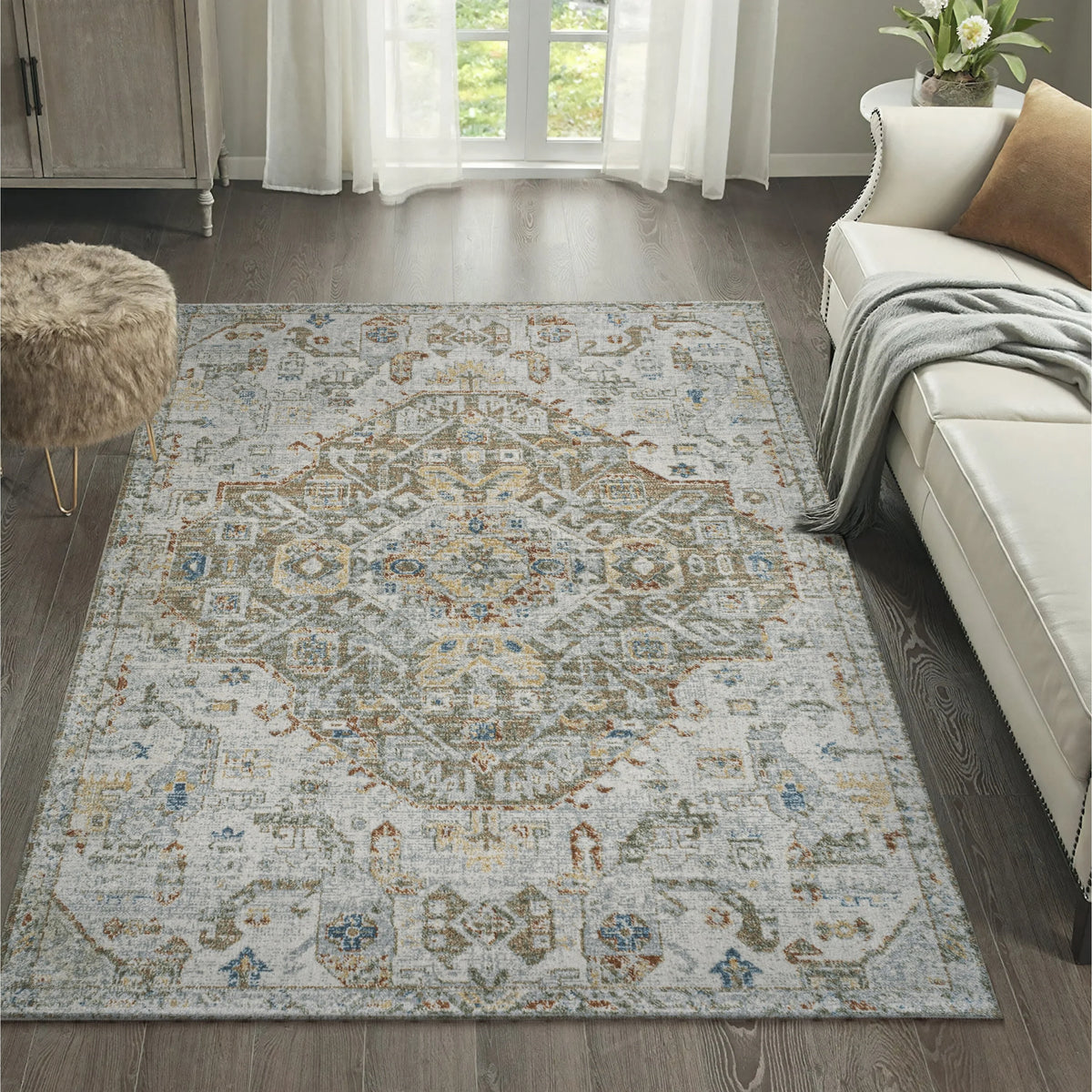 Bohemian Medallion Low-Pile Machine-Washable Area Rug, Cream and Terra