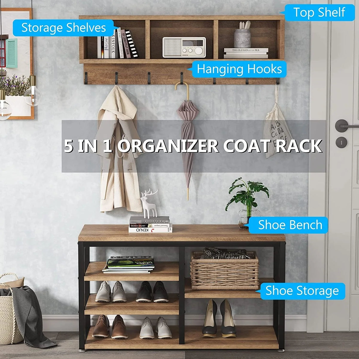 Entryway Coat Rack and Shoe Bench Set, Industrial Hall Tree with Coat and Shoe Storage