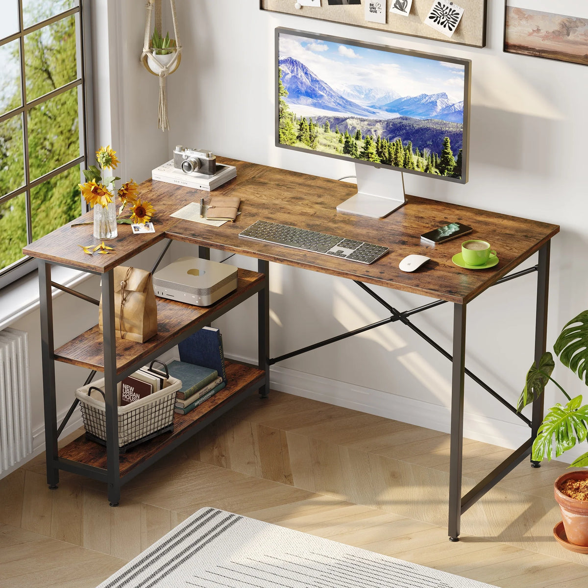 Small L Shaped Computer Desk with Storage Shelves, Compact Corner Workstation for Home Office and Study