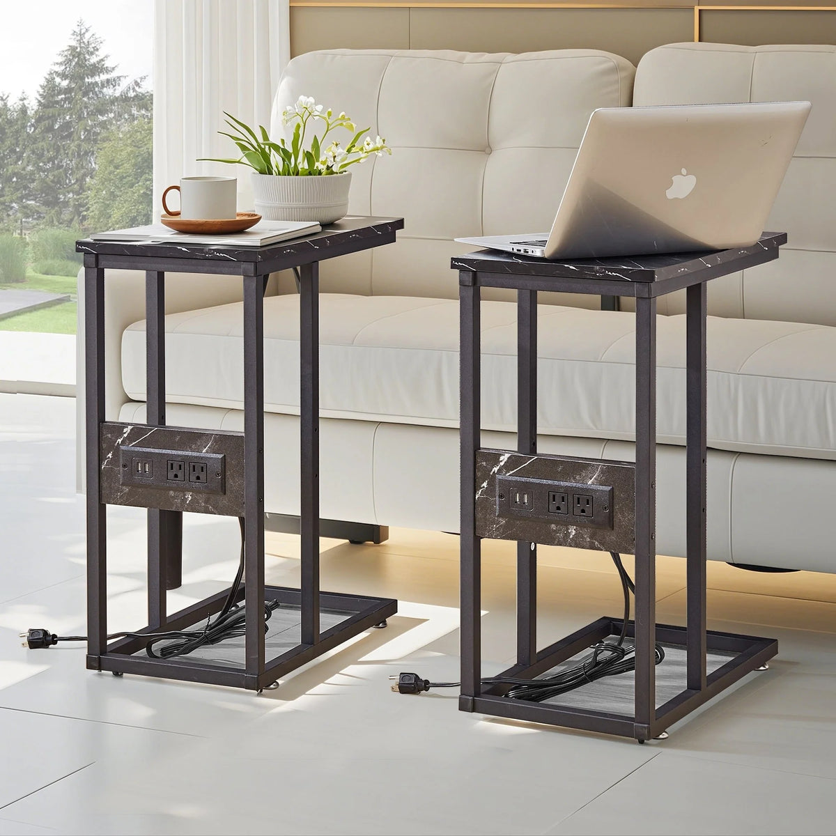 Set of 2 C-Shaped Sofa Side Tables, Small End Tables for Living Room, Bedside and TV Tray