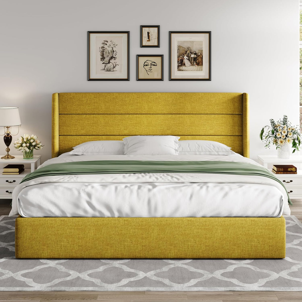 Queen Size Lift Up Storage Bed with Wingback Headboard, Upholstered Platform Bed Frame with Hidden Storage