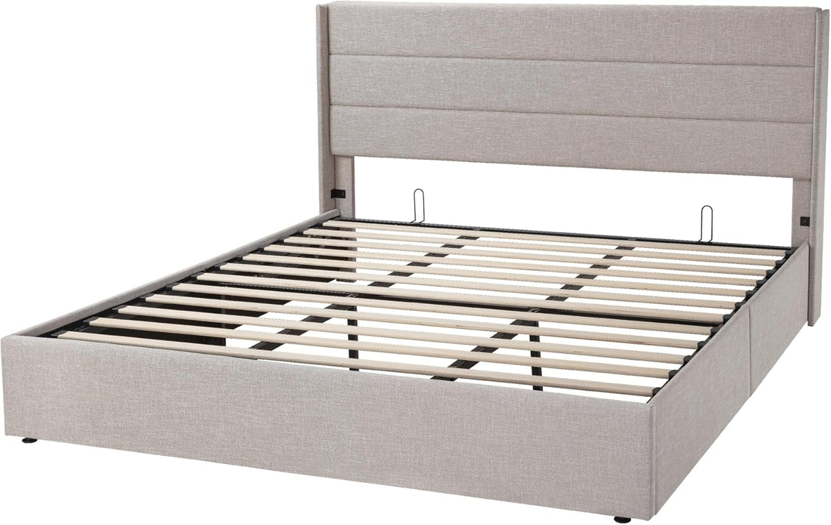 Queen Size Lift Up Storage Bed with Wingback Headboard, Upholstered Platform Bed Frame with Hidden Storage