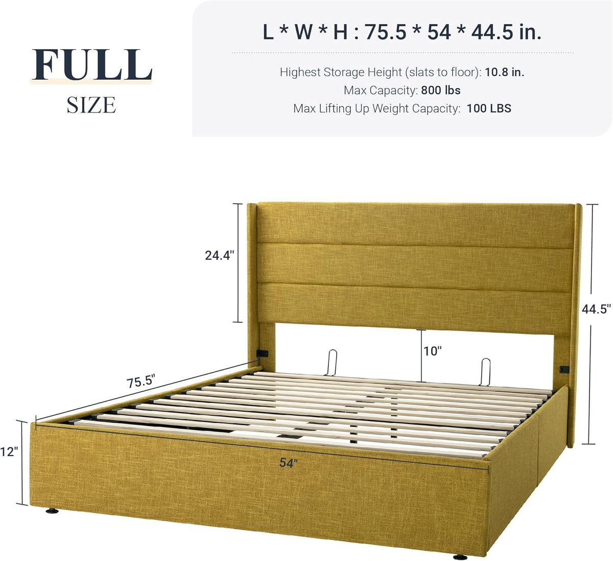 Queen Size Lift Up Storage Bed with Wingback Headboard, Upholstered Platform Bed Frame with Hidden Storage