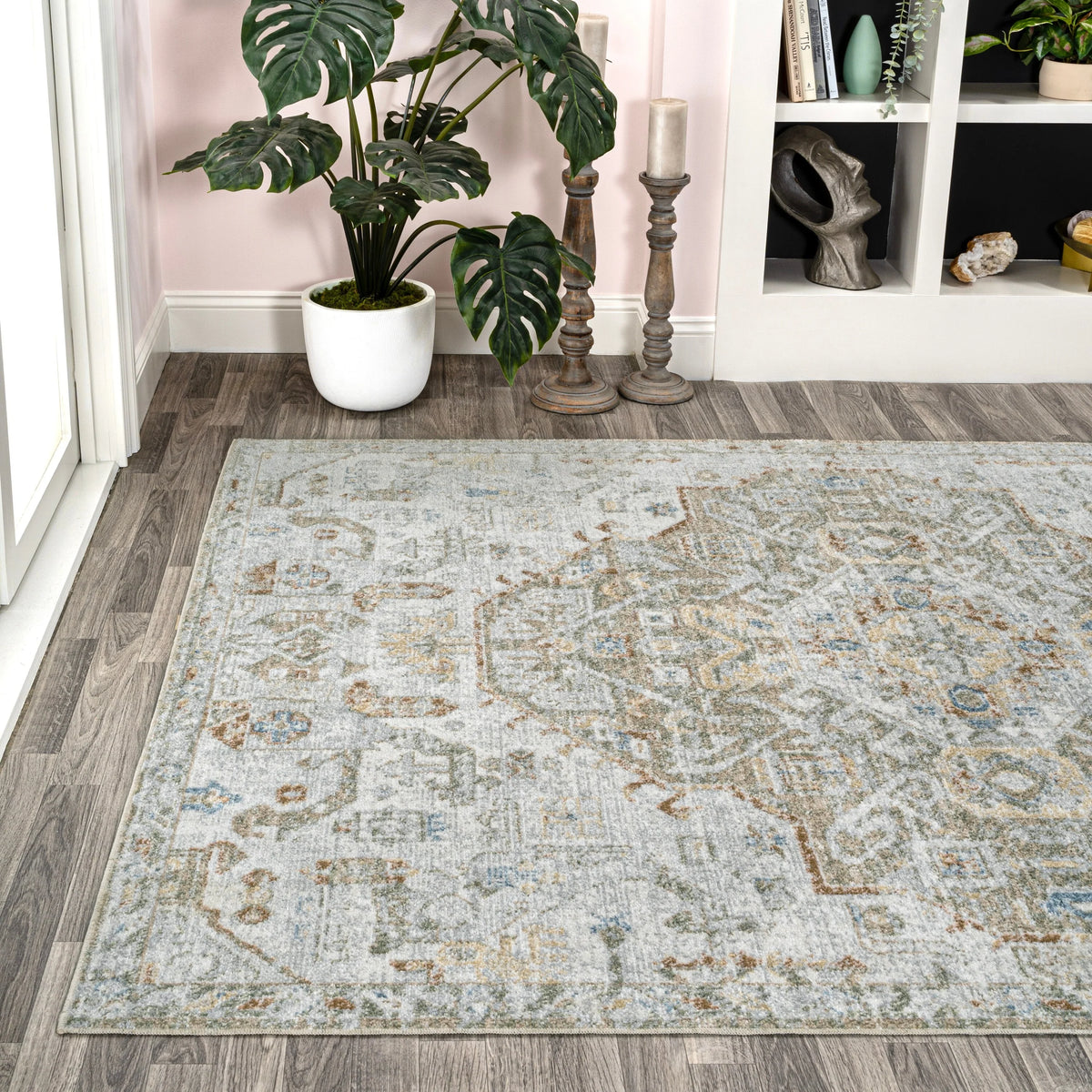 Bohemian Medallion Low-Pile Machine-Washable Area Rug, Cream and Terra