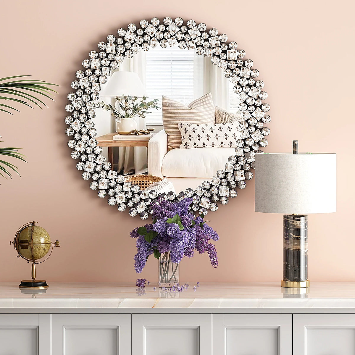 Modern Round Wall Mirror, Crystal Accent Decorative Mirror for Living Room, Bedroom and Entryway