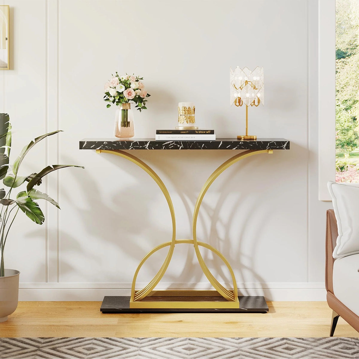 Modern Gold Console Table with Marbled Top, Sofa Table for Entryway and Hallway
