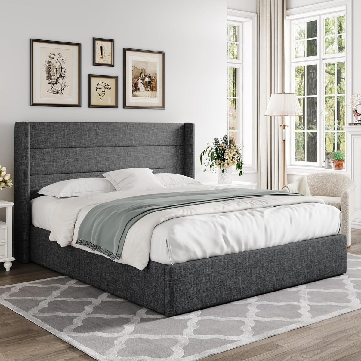 Queen Size Lift Up Storage Bed with Wingback Headboard, Upholstered Platform Bed Frame with Hidden Storage