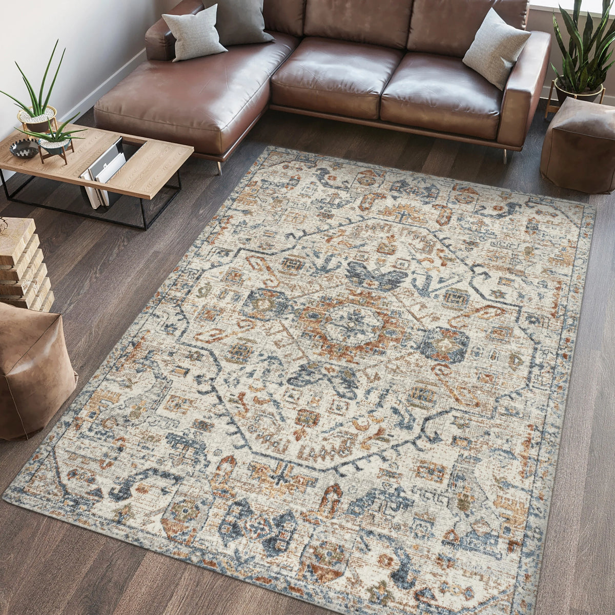 Bohemian Medallion Low-Pile Machine-Washable Area Rug, Cream and Terra