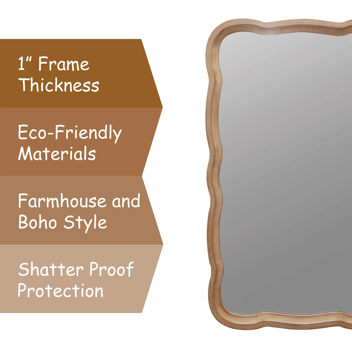 Curved Scallop Wood Frame Accent Mirror, Modern Decorative Wall Mirror for Living Room, Bedroom and Entryway