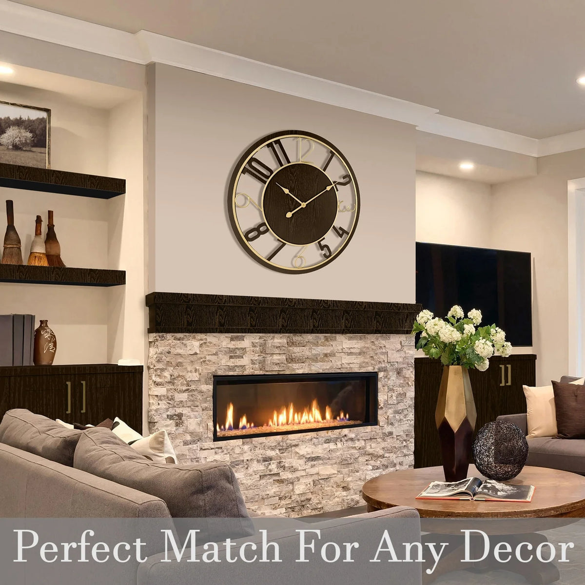 24 Inch Round Wooden Wall Clock, Modern Analog Clock with Numeral Design, Battery Operated